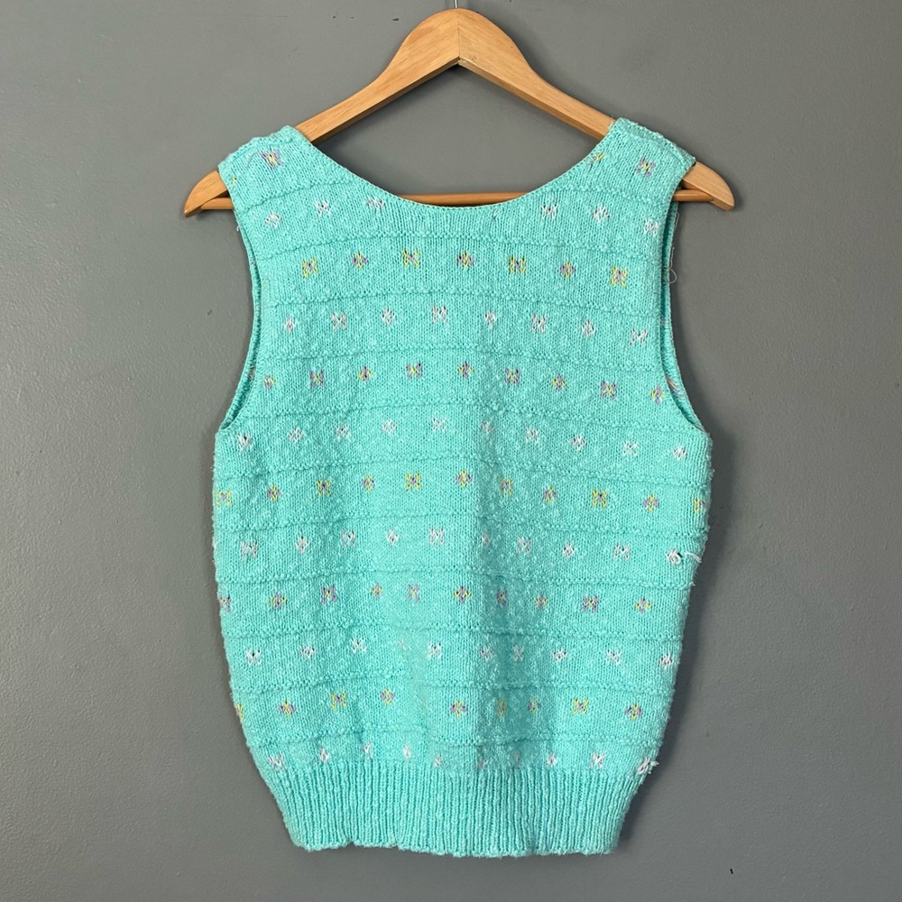 Vintage 90s Pastel Knit Sweater Vest | Seafoam Preppy Grandmillennial M - Picture 6 of 7